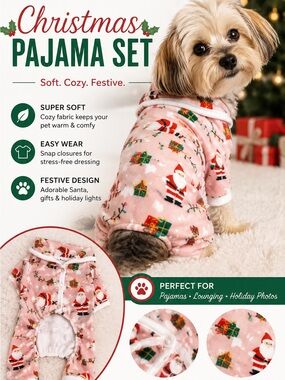 Holiday Dog Pajama Onesie — Pink Christmas Print